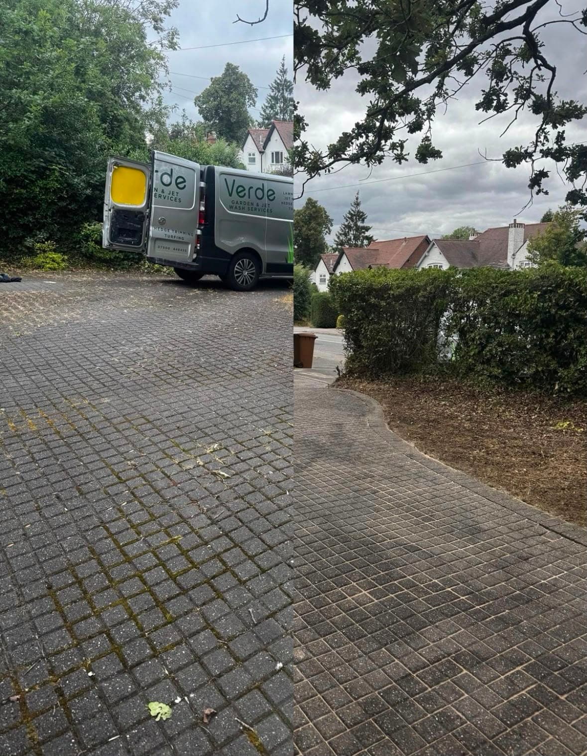 Before and after: a block paved driveway green with moss, then the same driveway washed clean end to end