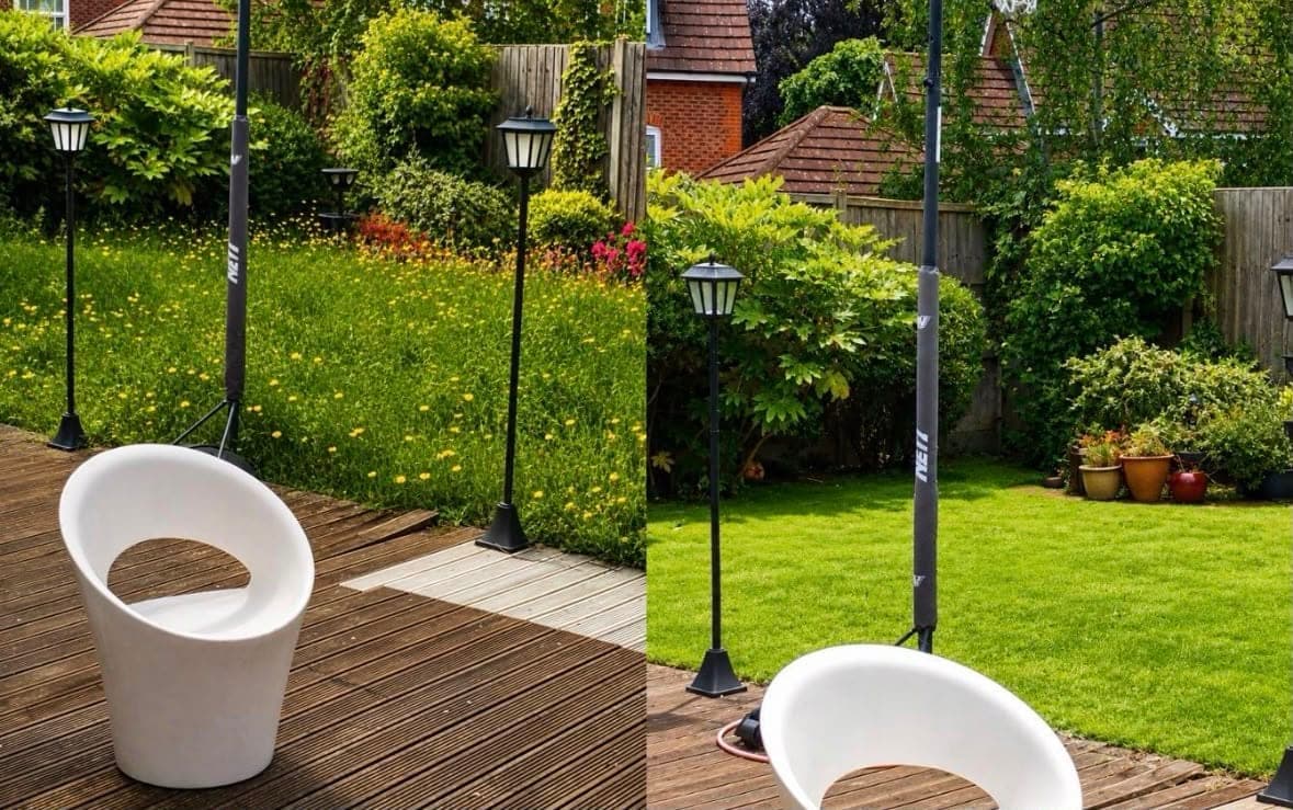 Before and after: a lawn grown long and full of dandelions, then the same lawn cut short beside the decking