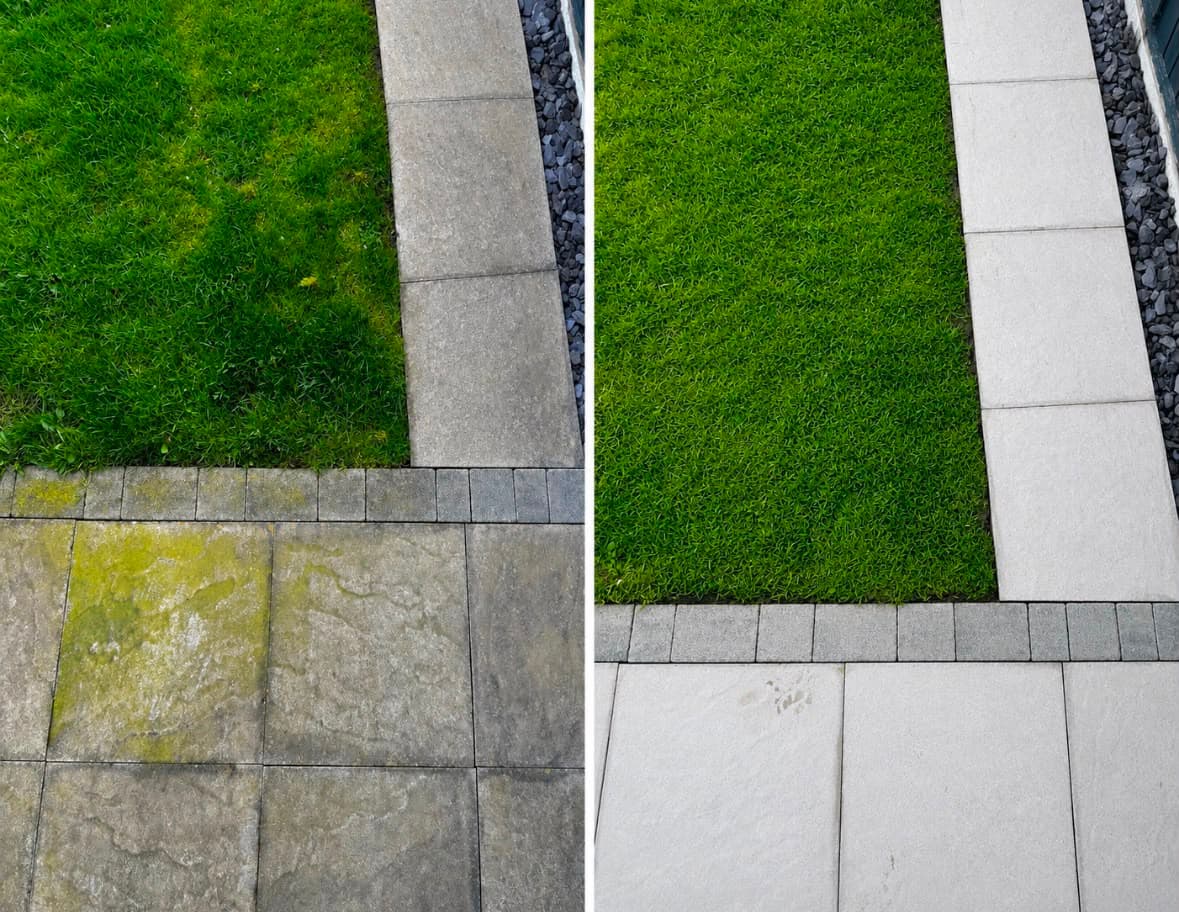 Patio slabs half cleaned, showing the difference a jet wash makes